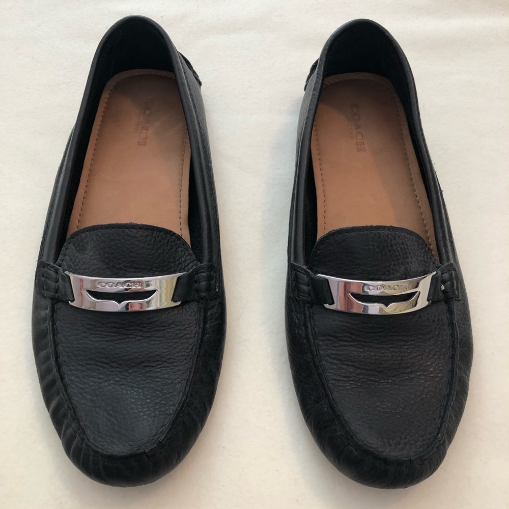 Coach Black Leather Loafer Flats Metal Accent